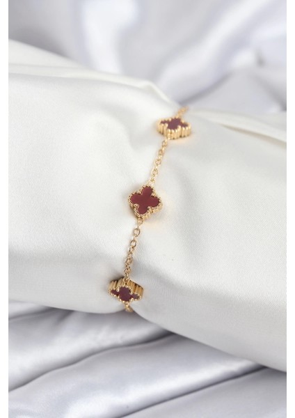 Bfs 316L Çelik Gold Renk Bordo Baby Boy Yonca Kadın Bileklik