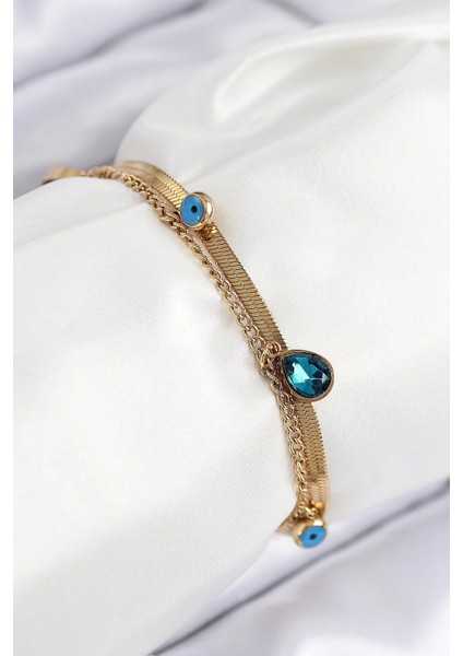 Bfs 316L Çelik Nazar Boncuk Detaylı Mavi Zirkon Taşlı Model Italyan Zincir Gold Renk Kadın Bil