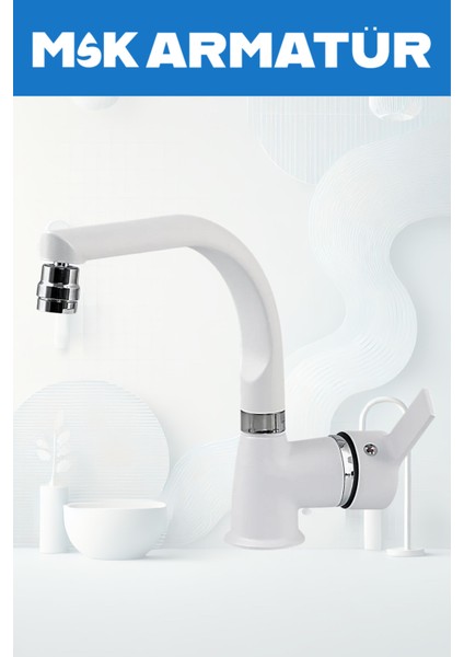 Beyaz Balık Sırtı Delta Lavabo Bataryası Oynar Başlıklı Çift Su Girişli Lavabo Musluğu Çeşme