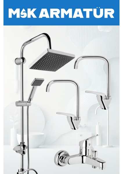 Robot Duş Sistemi Banyo Lavabo Mutfak Musluğu Çeşmesi Bataryası 4'lü Ful Set