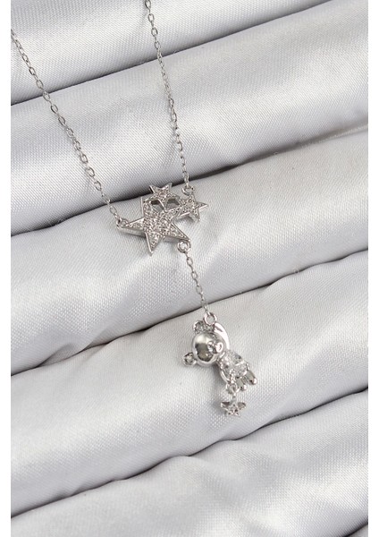 Bfs Pirinç Zirkon Taşlı Sallantılı Ayıcıklı Yıldız Model Gümüş Renk Kadın Kolye