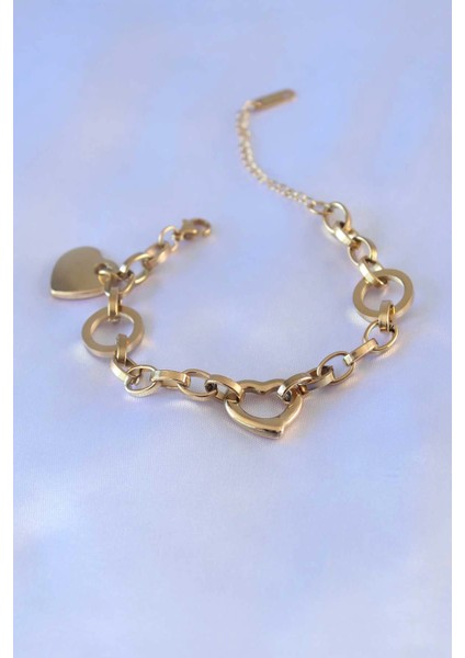 Bfs 316L Çelik Gold Renk Kalp Figür Zincir Model Kadın Bileklik