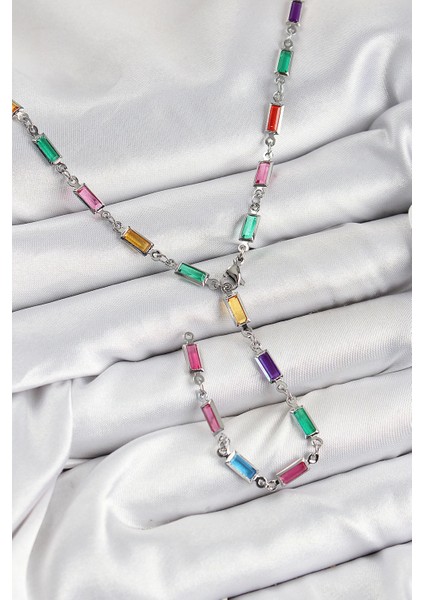 Bfs Pirinç Renkli Zirkon Taşlı Dikdörtgen Model Gümüş Renk Kadın Y Kolye