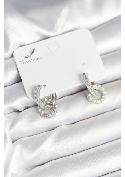 Bfs Gümüş Renk Pirinç Zirkon Taşlı Halka Model Kadın Küpe