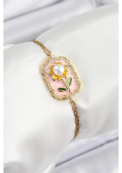 Bfs 316L Çelik Zincir Pembe Mineli Sanatsal Portre Inci Detaylı Papatya Model Gold Renk Kadın Bi