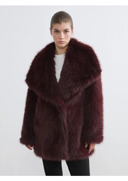 Lcw Modest Bordo Ceket Yaka Oversize Kadın Kürk Mont