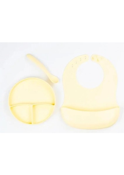 Ieg® Sarı 3’lü Silikon Yemek Seti – Önlük + Diş Kaşıyıcılı Kaşık + Vakumlu Tabak