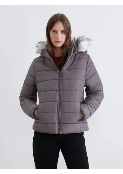 Lcw Eco Antrasit Kürk Kapüşonlu Kadın Şişme Mont