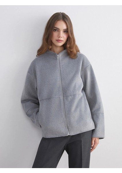 Lcw Modest Gri Dik Yaka Kadın Kaşe Mont