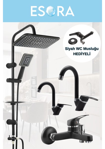 Siyah Robot Duş Seti Banyo Bataryası 4’lü Set + Wc Musluğu