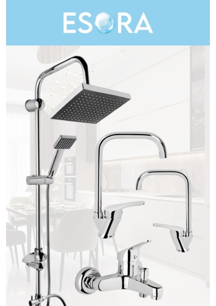 Robot Duş Sistemi Banyo Lavabo Mutfak Musluğu Çeşmesi Bataryası 4'lü Ful Set