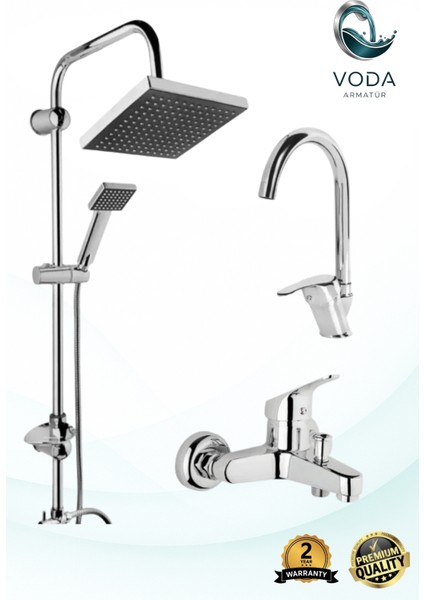 Lüx Krom 3'lü Banyo Musluk Seti Robot Yağmurlama Tepe Duş Seti, Banyo Bataryası, Lavabo Musluğu