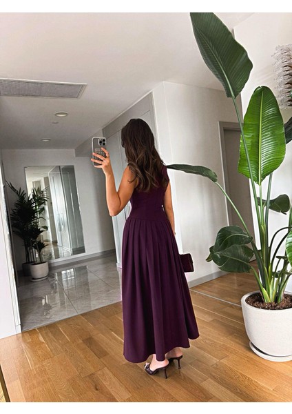 Kayık Tek Kolu Düşük Yaka Tasarım Pinterest Muadil Bele Oturan Piliseli Geniş Kloş Çan Midi Boy Etek Elbise indirimleri