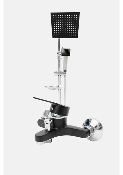 Krom Tepe Yağmurlama Robot Duş Sistemi ve Siyah Banyo Bataryası Mix-2'li Defne Serisi