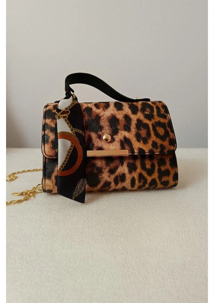 Zincir Detay Leopar Işıltılı Kadın Omuz Çantası