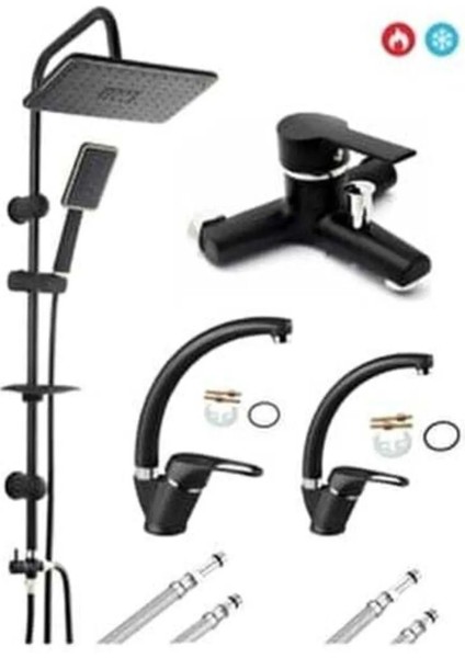 Siyah Krom Robot Mix Eviye Lavabo Banyo 4 Lü Set