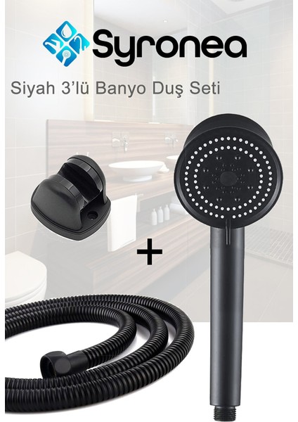Mat Siyah 3'lü Banyo Duş Seti 5 Fonksiyonlu Örgülü Hortumlu Tutacaklı Set