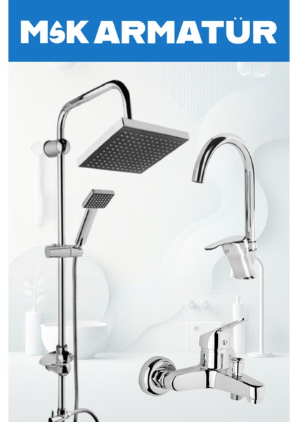 Krom Robot Duş Baston Lavabo Banyo 3 Lü Set