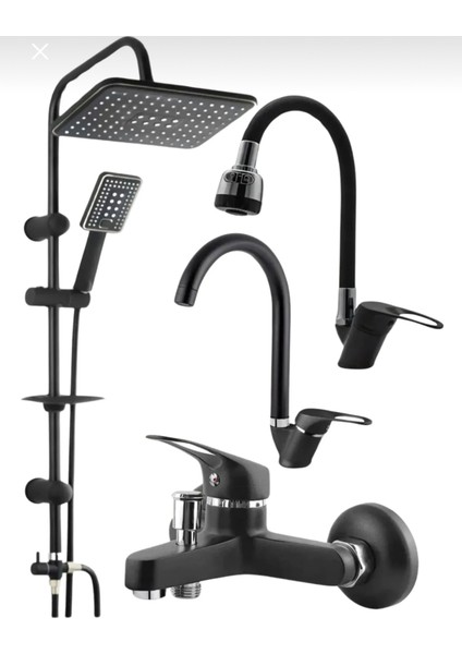 Siyah Krom Robot 4 Lü Eviye Lavabo Banyo Batayası Seti