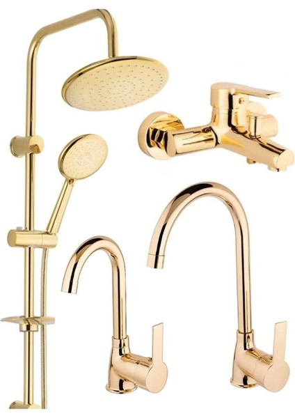 Gold 4'lü Set,yuvarlak Duş Seti,banyo,mutfak Evye,lavabo Batarya