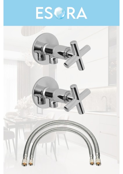 Krom Lüx 2 Adet Koç Taharet Musluğu + 2 Adet Flex Bağlantı Hortumu