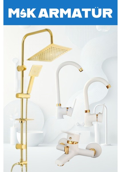 Gold Kare Robot Beyaz Gold Armut Eviye Lavabo Banyo 4 Lü Set