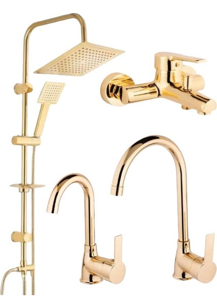 Gold Altın Kare Robot Duş Seti, Banyo, Mutfak Eviye ve Lavabo Bataryası Musluğu 4'lü Set