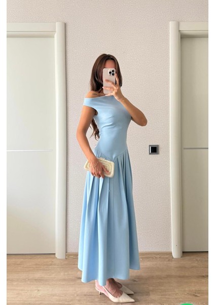 Kayık Tek Kolu Düşük Yaka Tasarım Pinterest Muadil Bele Oturan Piliseli Geniş Kloş Çan Midi Boy Etek Elbise fırsatları