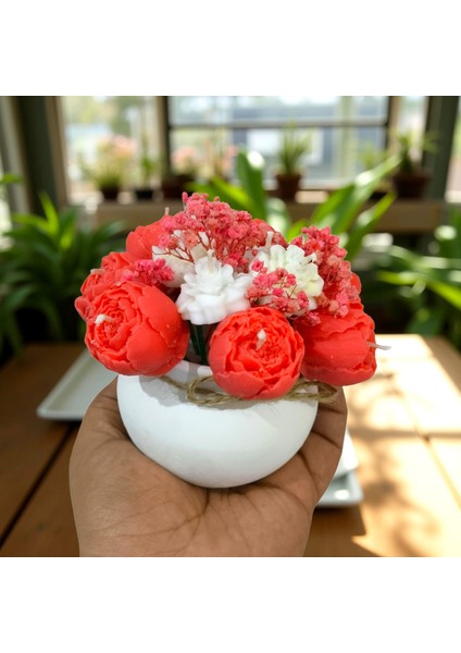 Kokulu Çiçek Mum – Kırmızı & Beyaz Vazo – %100 Soya Wax Dekoratif Masa Üstü Mum fiyatları
