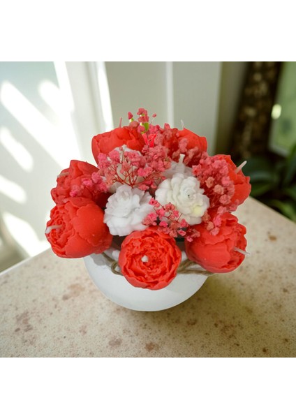 Kokulu Çiçek Mum – Kırmızı & Beyaz Vazo – %100 Soya Wax Dekoratif Masa Üstü Mum modelleri