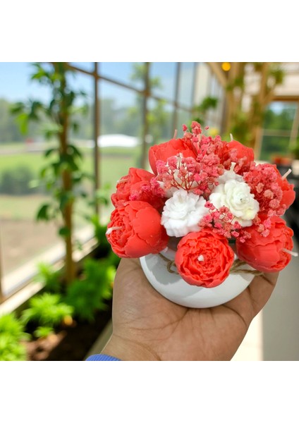 Kokulu Çiçek Mum – Kırmızı & Beyaz Vazo – %100 Soya Wax Dekoratif Masa Üstü Mum fırsatları