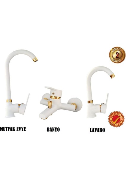 Beyaz Altın Lüks 3 Lü Set Mutfak Evye - Lavabo - Banyo Bataryası Delta Beyaz Gold Set Musluk