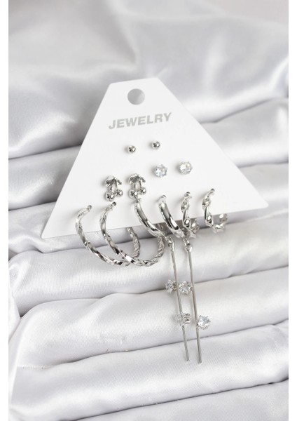 Bfs Gümüş Renk Pirinç 6'lı Kadın Küpe Seti