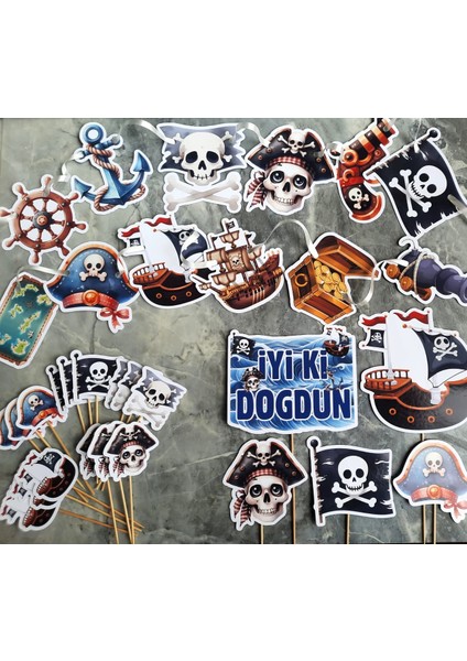 32 Parça Tam Set Korsan Temalı Deniz Kaptan Doğum Günü Seti Banner Pasta Kürdanı Cupcake Süsü Seti