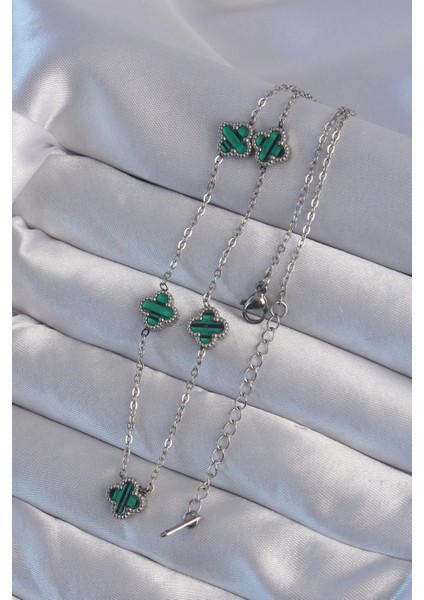 Bfs 316L Çelik Gümüş Renk Minimal Yeşil Mineli Yonca Kolye fiyatları