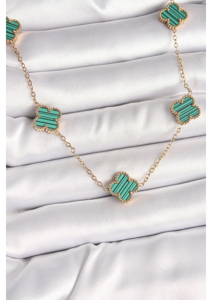 Bfs 316L Çelik Gold Renk Zincir Yeşil Yonca Model Kadın Kolye