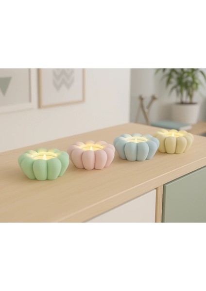 Pastel Renkli 4’lü Çiçek Mumluk Seti 🌸 – 4 Mum Hediyeli