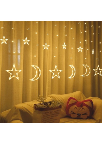 Ay Hilal Yıldız Perde LED Günışığı Ramazan Bayramı Işığı Yeni Yıl 3 Metre Sarı Fişli 12 Saçak 8 Mod