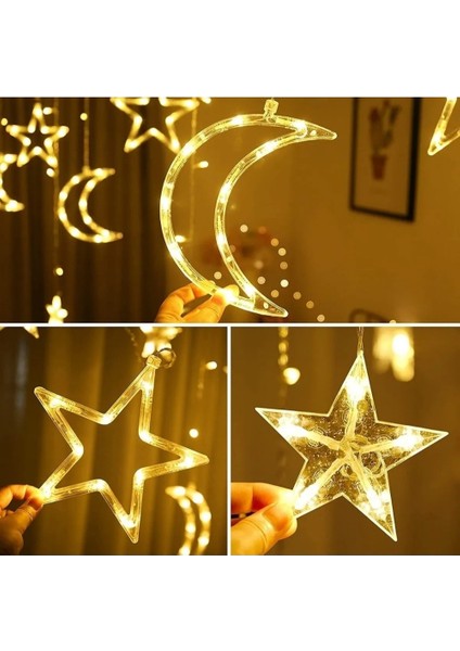 Ay Hilal Yıldız Perde LED Günışığı Ramazan Bayramı Işığı Yeni Yıl 3 Metre Sarı Fişli 12 Saçak 8 Mod fiyatları