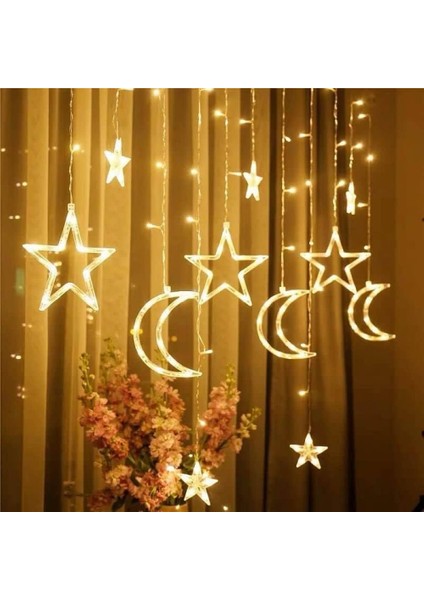 Ay Hilal Yıldız Perde LED Günışığı Ramazan Bayramı Işığı Yeni Yıl 3 Metre Sarı Fişli 12 Saçak 8 Mod modelleri