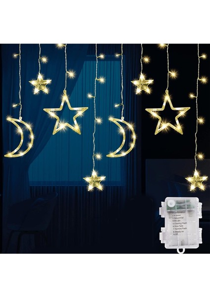 Ay Hilal Yıldız Perde LED Günışığı Ramazan Bayramı Işığı Yeni Yıl 3 Metre Sarı Fişli 12 Saçak 8 Mod fırsatları