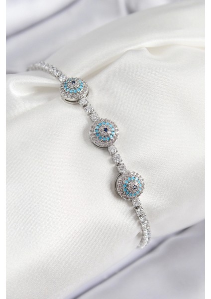 Bfs Pirinç Zirkon Taşlı Nazar Model Gümüş Renk Kadın Bileklik