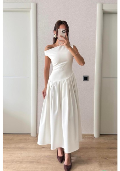 Kayık Tek Kolu Düşük Yaka Tasarım Pinterest Muadil Bele Oturan Piliseli Geniş Kloş Çan Midi Boy Etek Elbise fırsatları