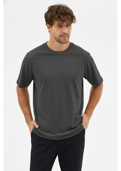 Erkek Premium Kalite Yoğun Dokulu Pamuklu T-Shirt Koyu Gri M101-R0220-04