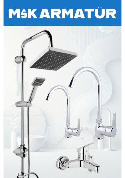 Krom Siyah Tepe Yağmurlama, Krom Delta Banyo-Mutfak-Lavabo Bataryası Musluğu Çeşmesi 4'lü Set