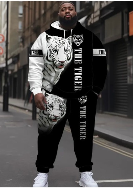 Büyük Beden Özel Tasarım Kapüşonlu Beyaz Kaplan Baskılı %100 Pamuk Kışlık Luxury Erkek Eşofman Takımı