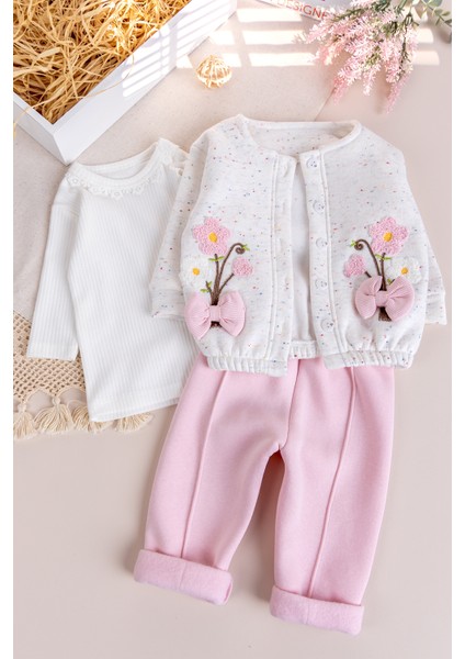 Kız Bebek Çocuk Hırkalı Üç Iplik Şardonlu Çiçek Işlemeli 100% Pamuk 3 Lü Takım Set