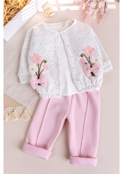 Kız Bebek Çocuk Hırkalı Üç Iplik Şardonlu Çiçek Işlemeli 100% Pamuk 3 Lü Takım Set fiyatları