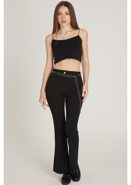 Kadın Zincir Detaylı Ispanyol Paça Pantolon M1643 Siyah