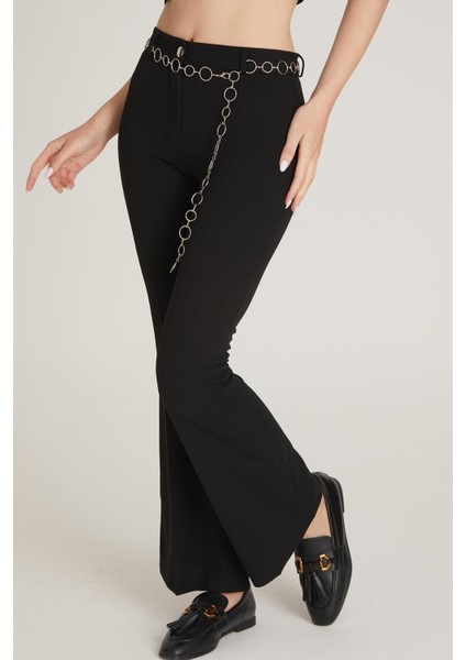 Kadın Zincir Detaylı Ispanyol Paça Pantolon M1643 Siyah modelleri
